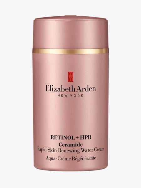 Elizabeth Arden Retinol and HPR Ceramide Rapid Skin Renewing Water Cream in branded component on a light gray background