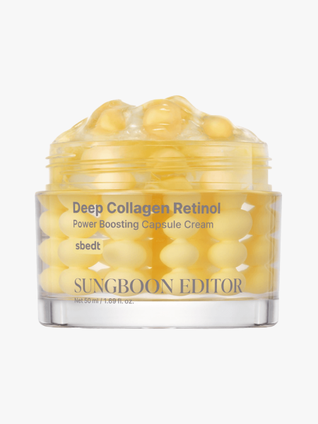 Sungboon Editor Deep Collagen Retinol Power Boosting Capsule Cream in branded component on a light gray background